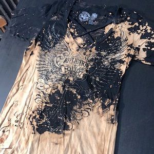 Affliction, Black & Tan Bejeweled Distressed Short Sleeve Shirt, Size Large
